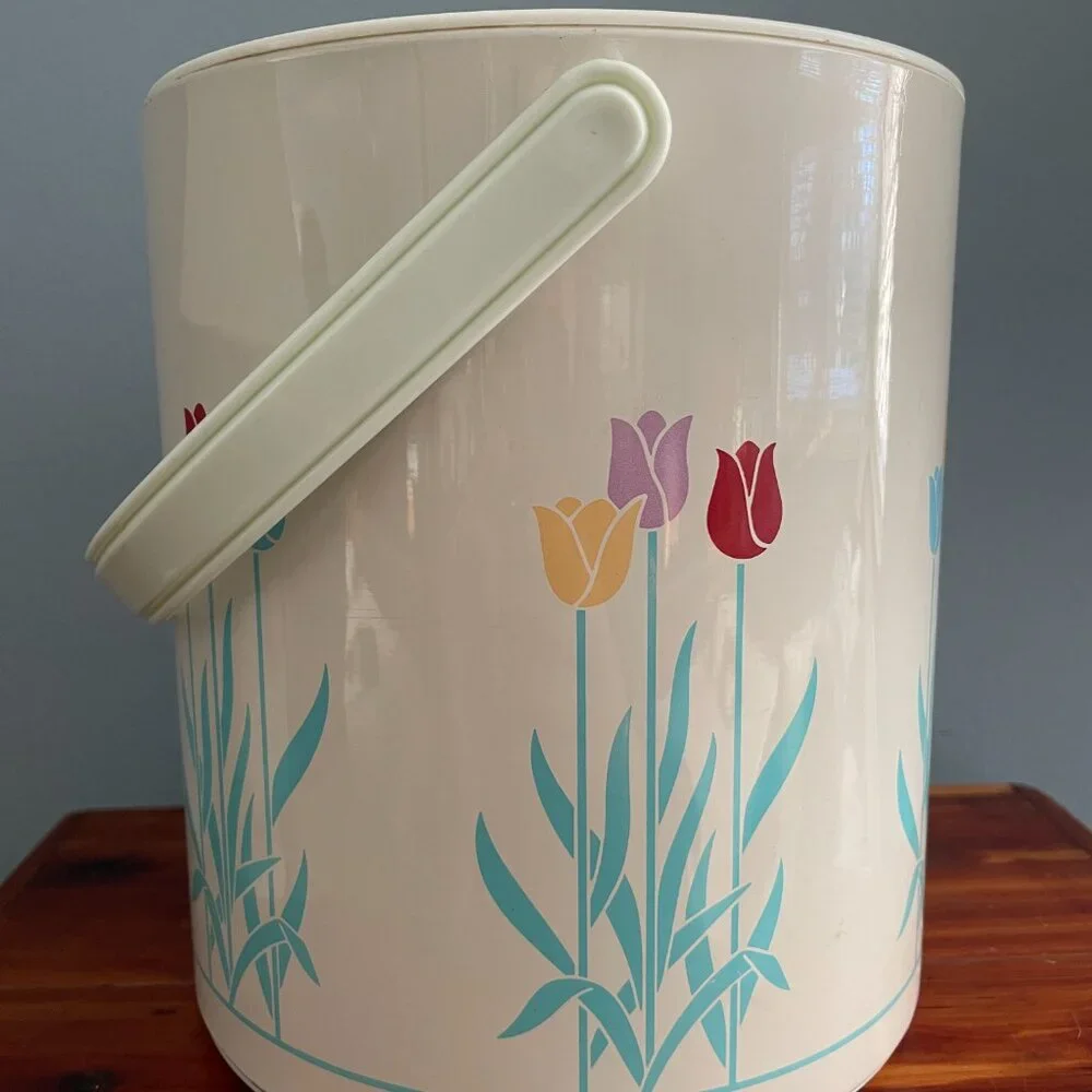 Vintage Ice Bucket Floral Tulips Pastel Tongs Tray Bar Accessory
